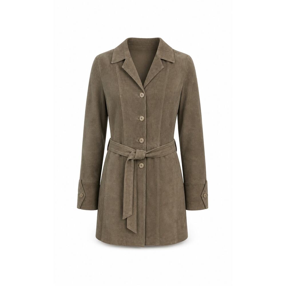 Womens Leather Coat Sz Small Button Down Trench Coat With Belt & Pockets